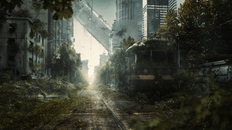 digital illustration of overgrown city