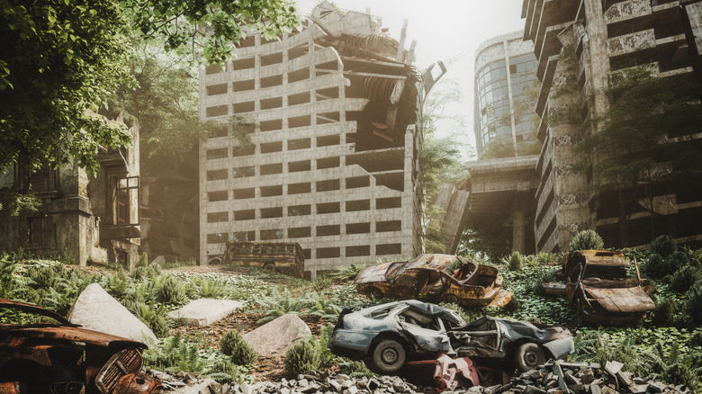digital illustration of overgrown city