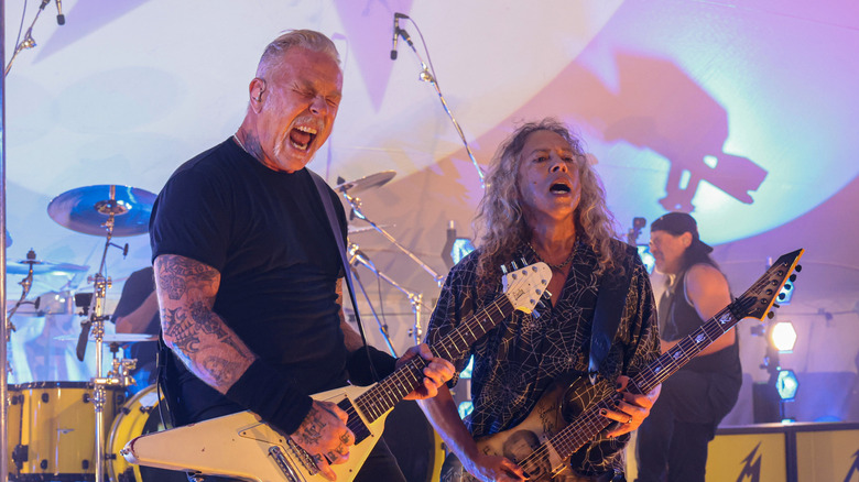 Metallica rocking out while playing a show