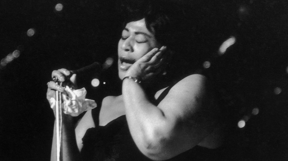 A black-and-white image of legendary singer Ella Fitzgerald