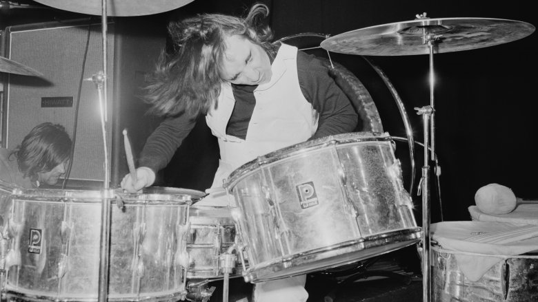 Keith Moon playing drums shaking head