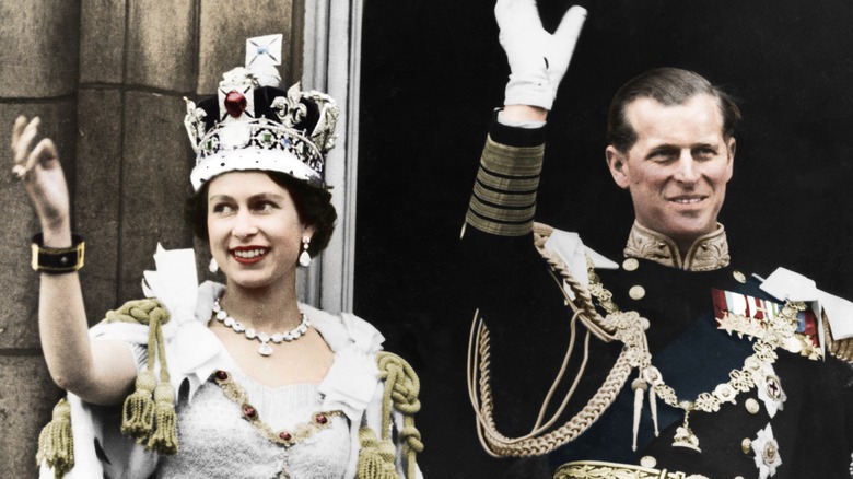 Queen Elizabeth II and the Duke of Edinburgh on the day of their coronation, Buckingham Palace, 1953