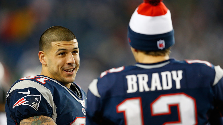Aaron Hernandez and Tom Brady talking