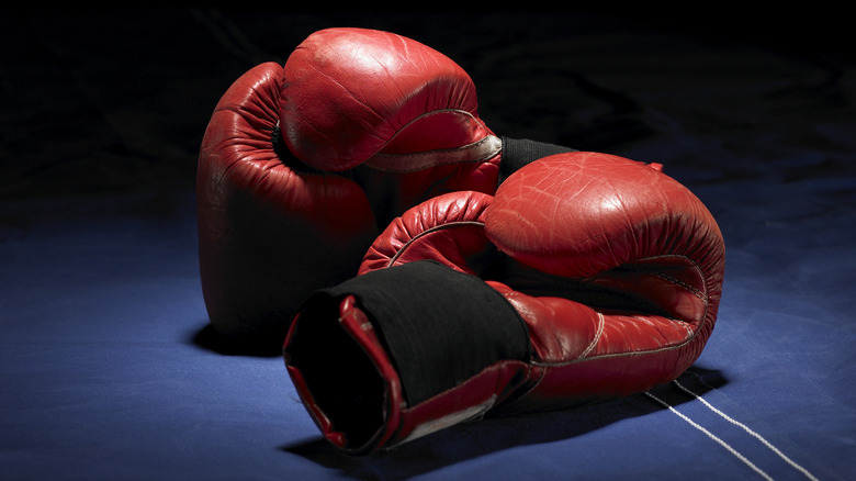 red boxing gloves on blue cloth