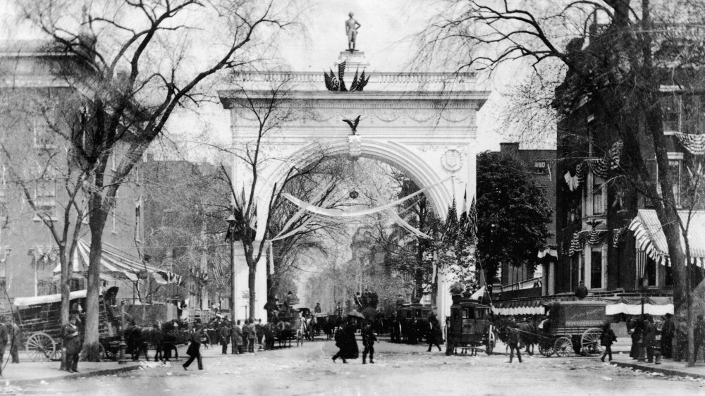 Washington Square Park during the celebration of the centennial of George Washington's inauguration, New York, New York, April 30, 1889. 