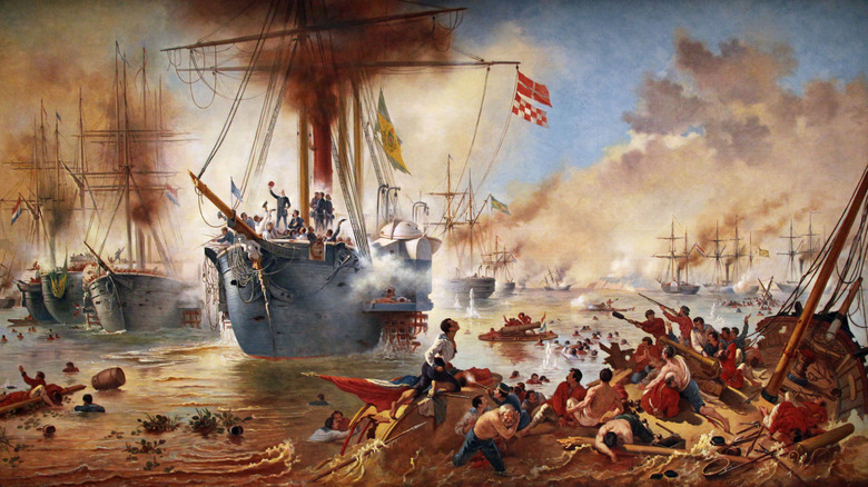 painting of battle ships men shooting drowning