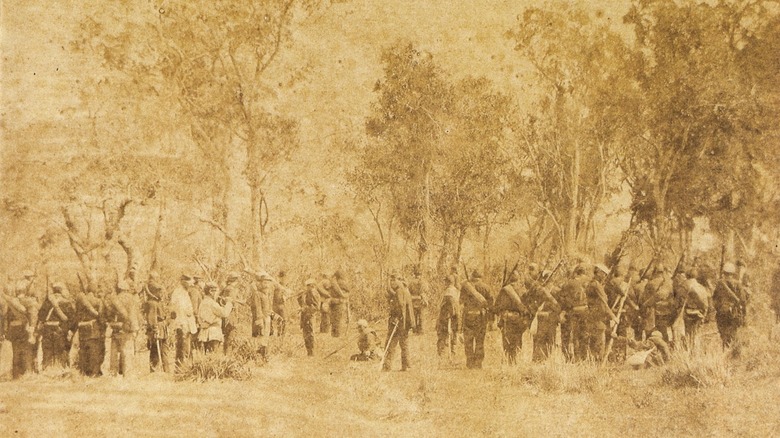 brazilian soldiers in front of trees sepia