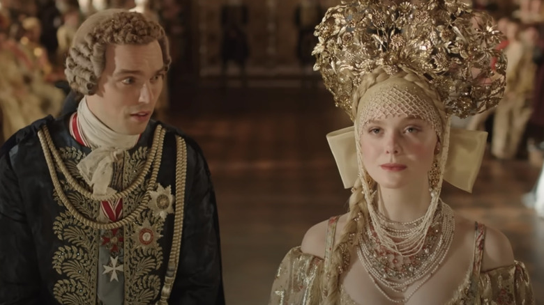 Nicholas Hoult and Elle Fanning in a scene from The Great