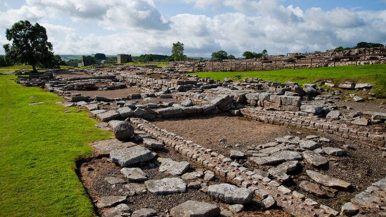 Vindolanda Roman fort ruins under blue sky