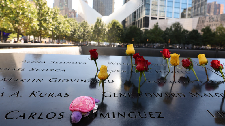 Flowers on 9/11 memorial at Ground Zero