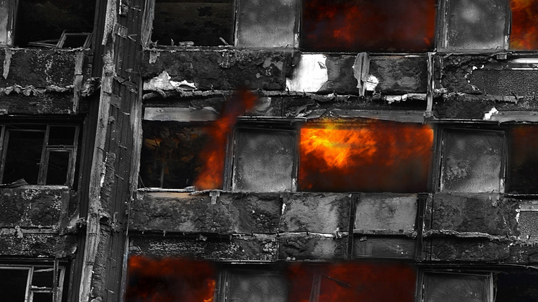 fire visible through tower windows