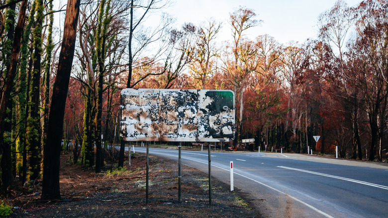 scorched road sign in victoria, australia