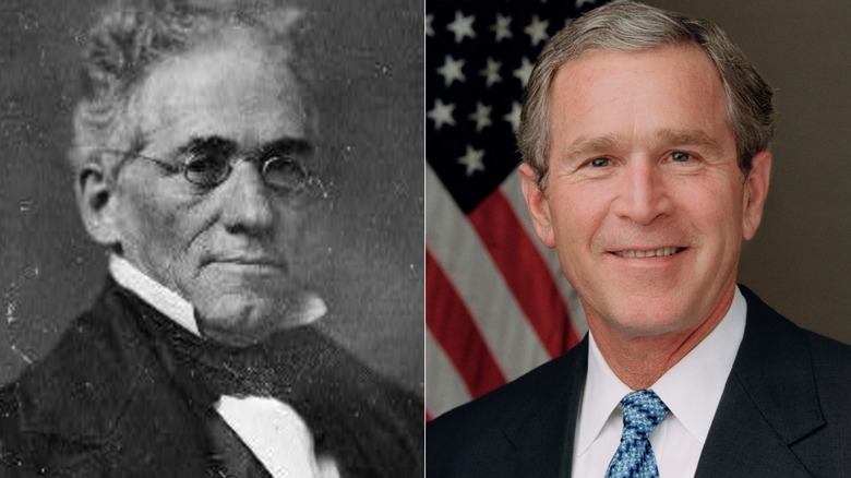 Split image of official portraits of Rev. George Bush and President George W. Bush