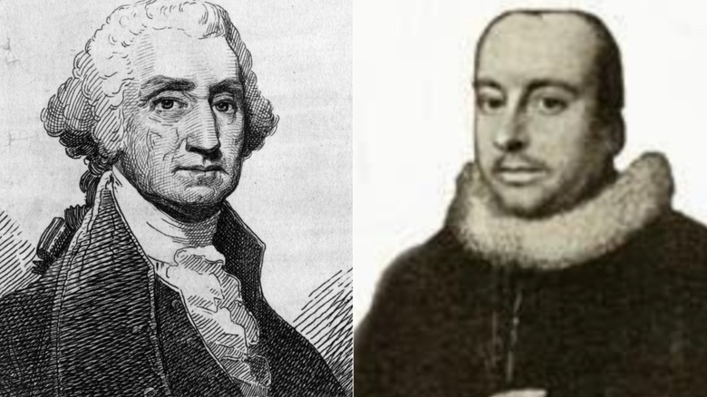 Split image of and etching of George Washington and drawing of Laurence Washington