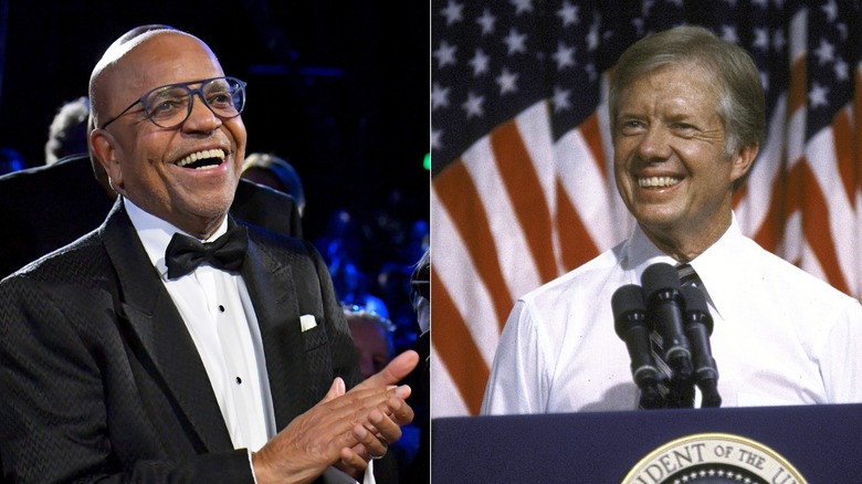 Split image of Berry Gordy laughing at an event and Jimmy Carter smiling at a podium