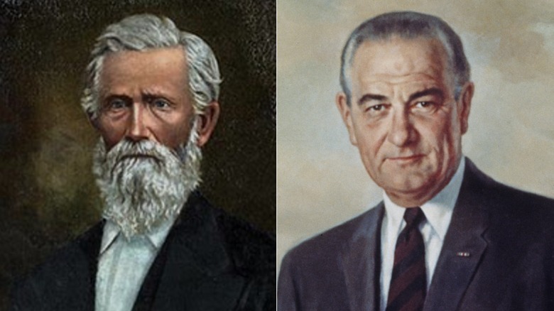 Split image of two paintings of George Washington Baines and Lyndon Johnson