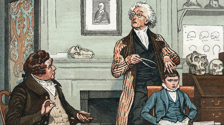 Illustration of 1820s father and son in phrenology exam with phrenologist
