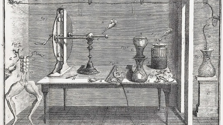 Illustration of Luigi Galvani's experimental equipment on table, including frog legs