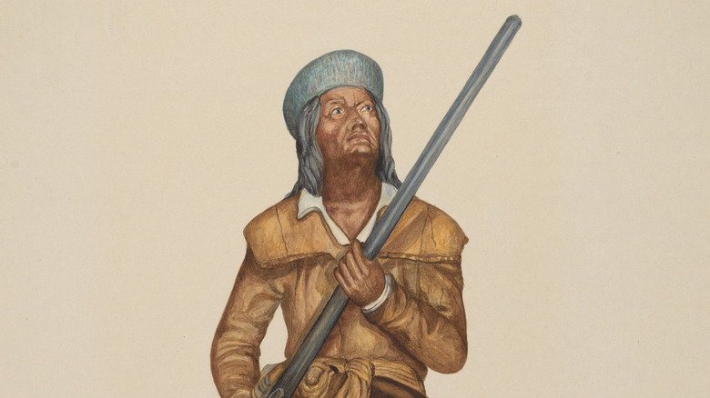 figurehead of Davy Crockett with gun and coonskin cap