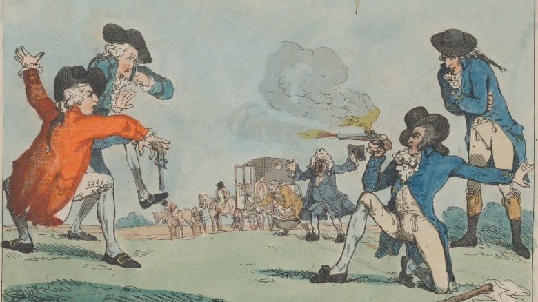 painting depicting men dueling