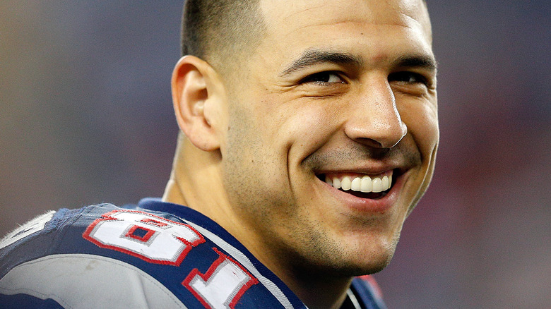 aaron hernandez smiling patriots uniform