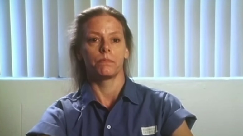 Aileen Wuornos in blue prison attire