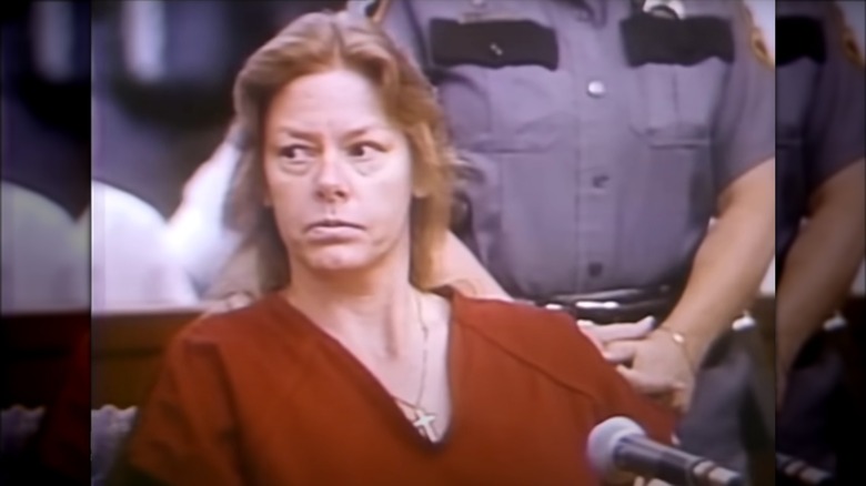 Aileen Wuornos in court in red prison attire