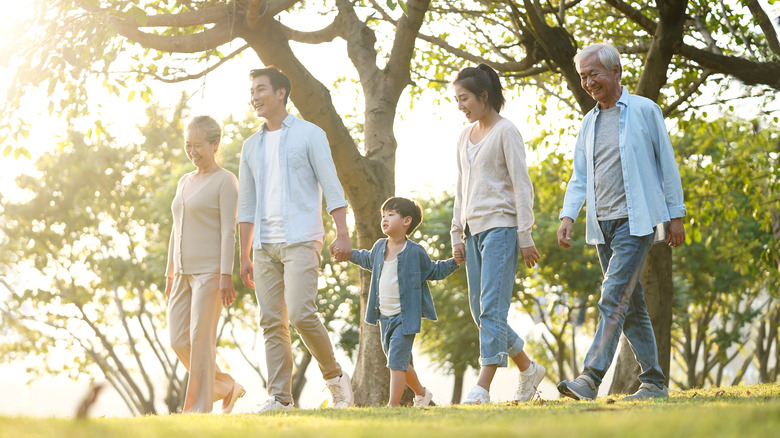 three generations of a family walking in the park