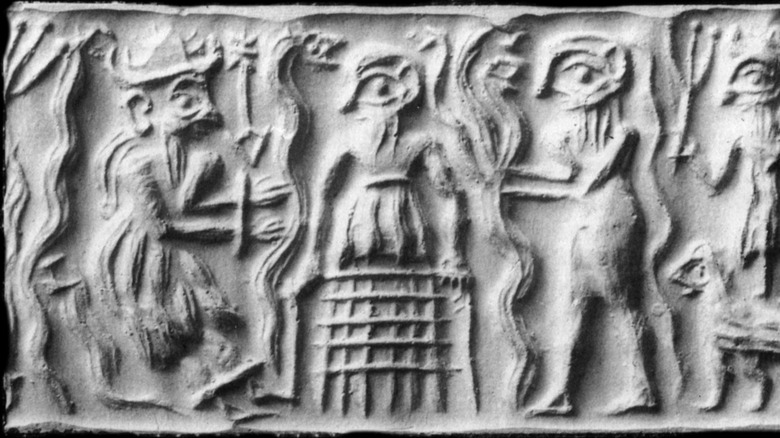 Cylinder seal impression. Probably Dumuzi imprisoned in the underworld