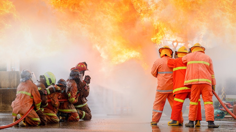 Firefighters tackling a blaze