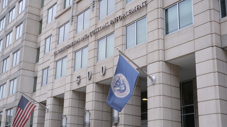 Flags outside the ICE building
