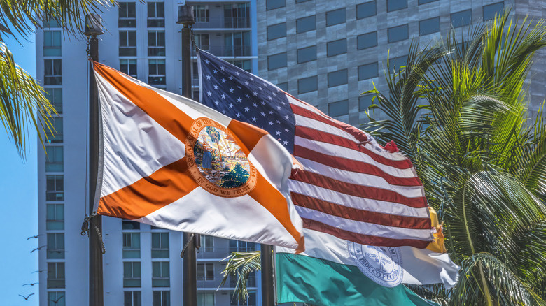 Florida and U.S. flag blowing in wind