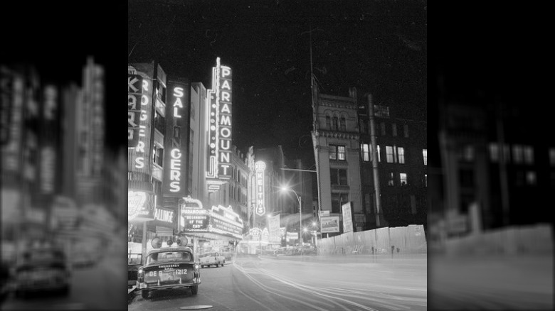Washington Street in Boston in the 1970s with neon signs