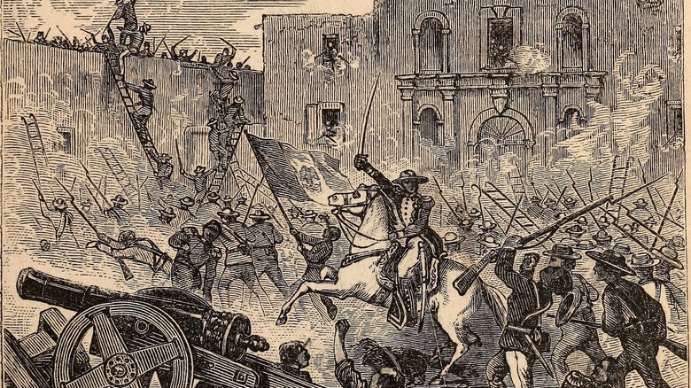 Black and white illustration of fall of the Alamo