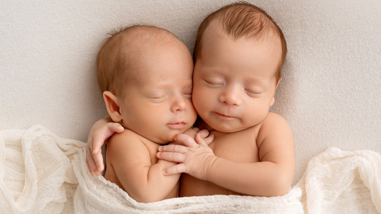 Twin babies embrace