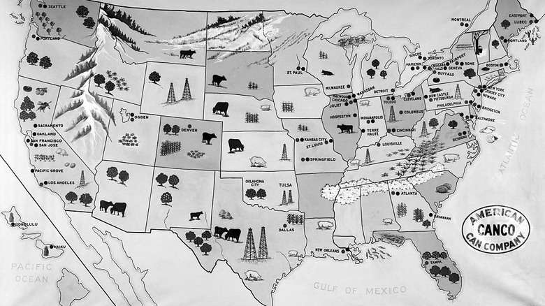 1930s era map of U.S. showing agricultural and industrial resources as icons