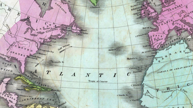 Vintage map showing Europe, Atlantic Ocean, and east coast of U.S.