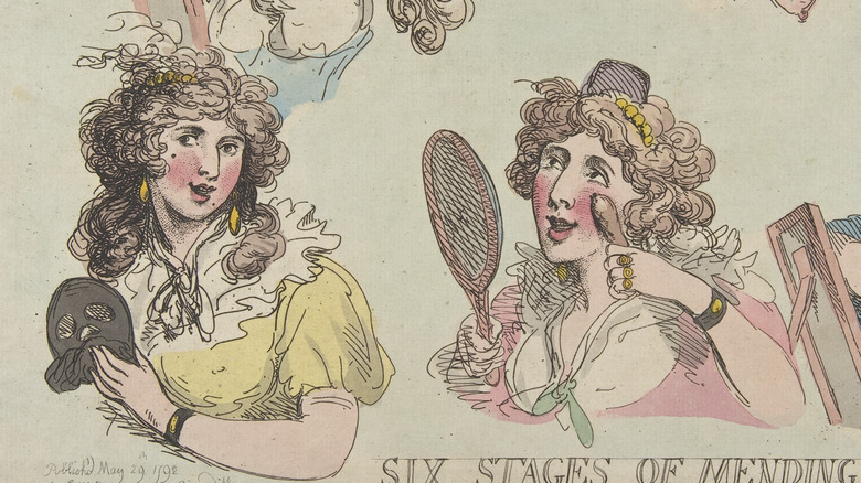 Drawing of a woman in 1700s applying rouge to her cheeks