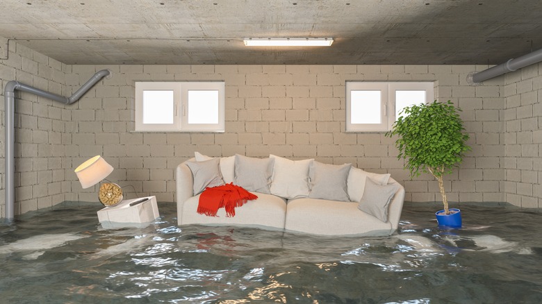 furniture floating in a flooded basement