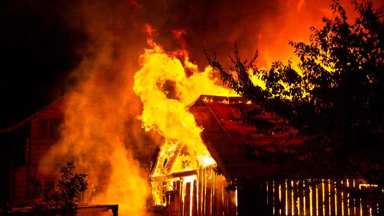 Wooden building on fire