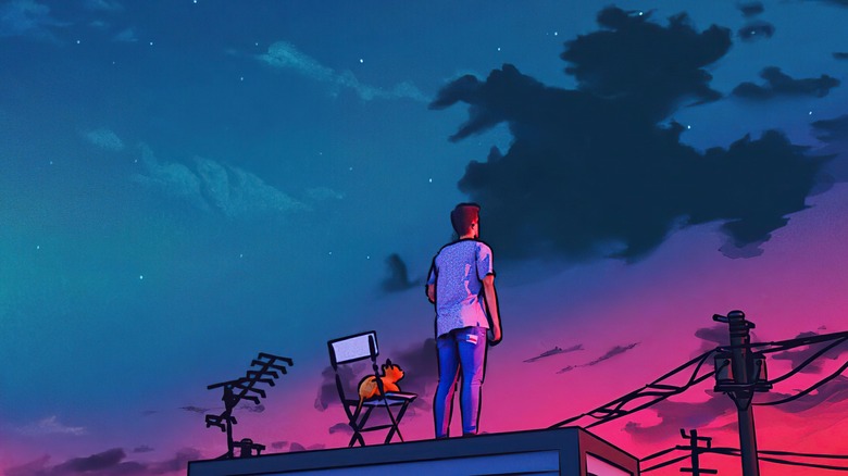 Sky Blue People LoFi background cartoon man on roof with cat