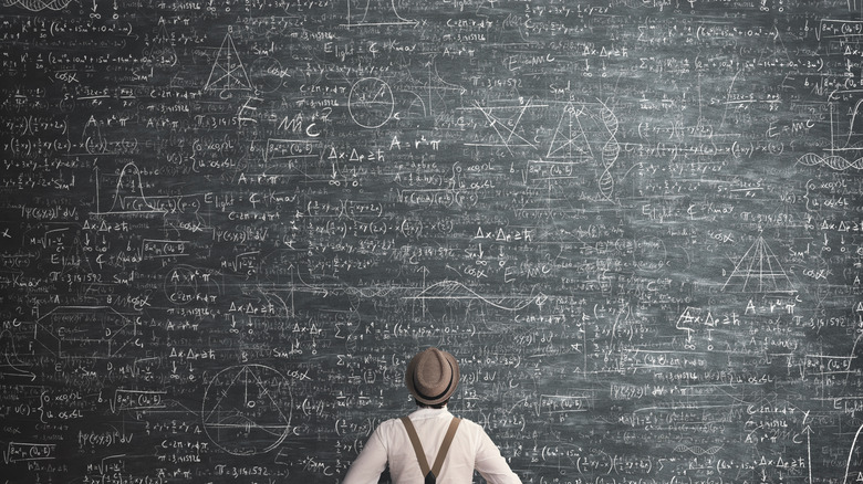 Guy gazing at blackboard equations