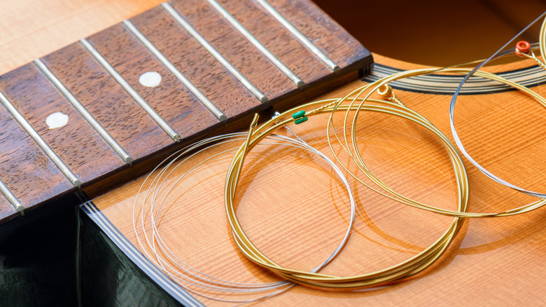 New, coiled strings on acoustic guitar