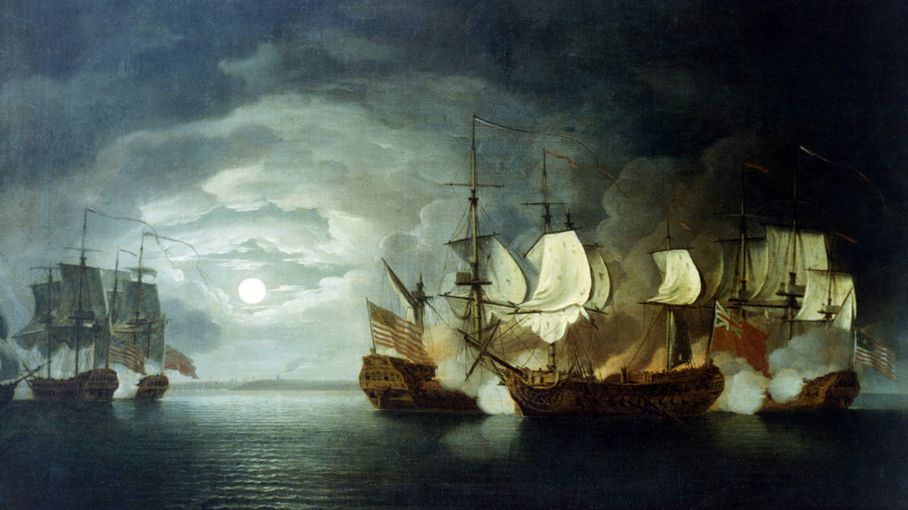 Ships at night in harbor