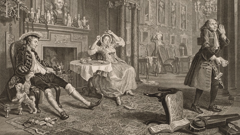 Illustration of British family in their home 1700s
