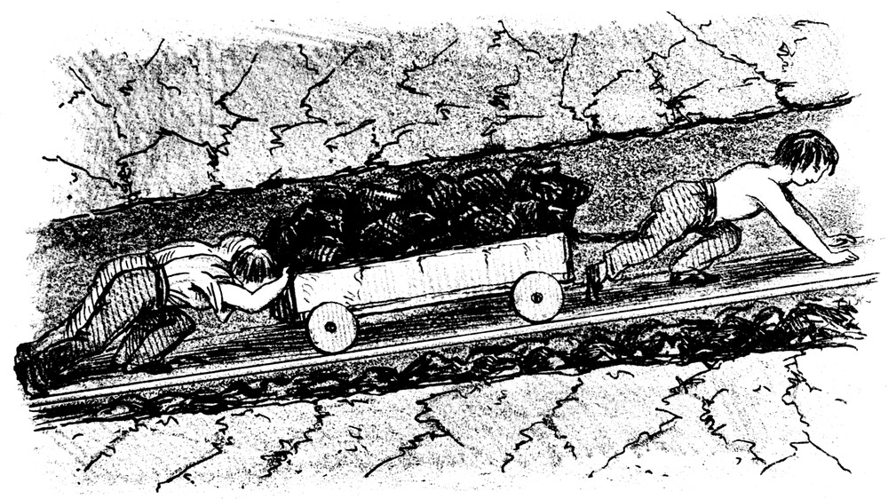 Drawing of boy workers crawling and moving coal 