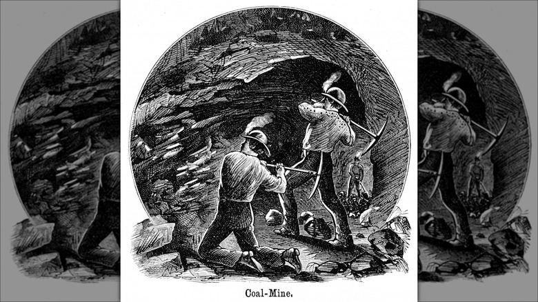 1882 illustration miners striking rock