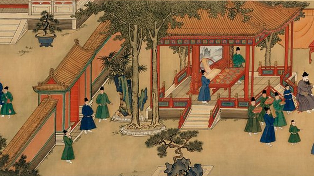 Ancient handscroll painting illustrating eunuch's scattered around