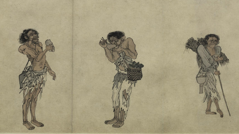 Drawing of three beggars and street characters 