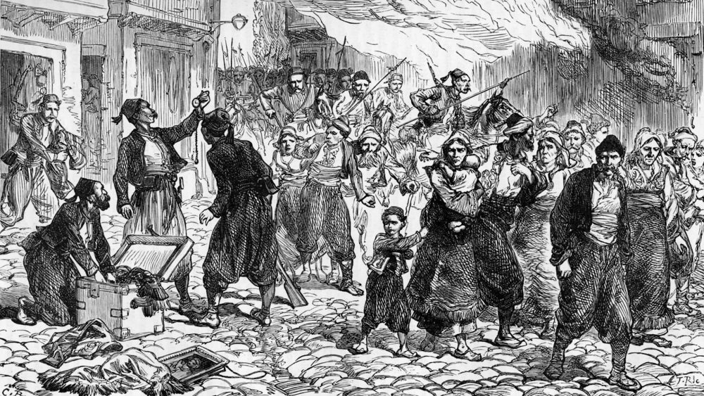 Drawing of a town burning